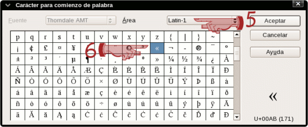 Diálogo Carácter para comienzo de palabra